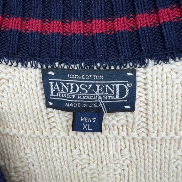 VTG 90s Lands End USA Mens 100% Cotton Tennis Knit Vest V Neck Cream Red Blue XL - Picture 2 of 8